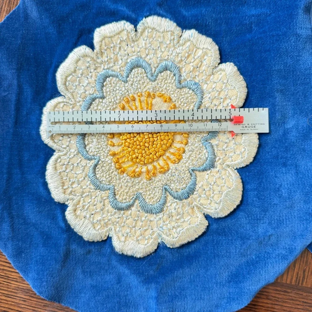 Vintage Floral Embroidered Velvet Patches Blue Yellow Flower Applique 2pc Set